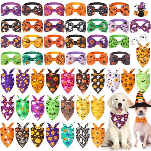 Sanwuta Halloween-Hundehalstücher und Halsband-Fliegen, Set mit 25 Halstüchern, Großpackung mit 25 Anhängern, Hundehalsband, Kürbis, Dreieck, Haustier-Schal, Fliege für S, M, L, 50 Stück von Sanwuta