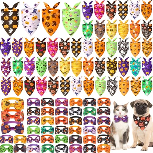 Sanwuta Halloween-Hundehalstücher und Halsband-Fliegen, Set mit 50 Halstüchern, Großpackung mit 50 Anhängern, Hundehalsband, Kürbis, Dreieck, Haustier-Schal, Fliege für S, M, L, 100 Stück von Sanwuta