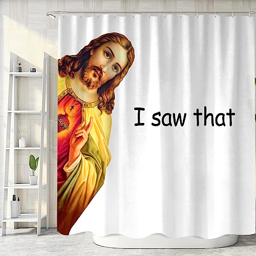 Lustiges Jesus-Duschvorhang-Set, lustige Aufschrift "I Saw That Jesus", Stoff-Duschvorhänge-Sets für Badezimmer, cool, einzigartig, flippig, lustiges Badzubehör mit Haken, 183 x 183 cm von Sanzugh