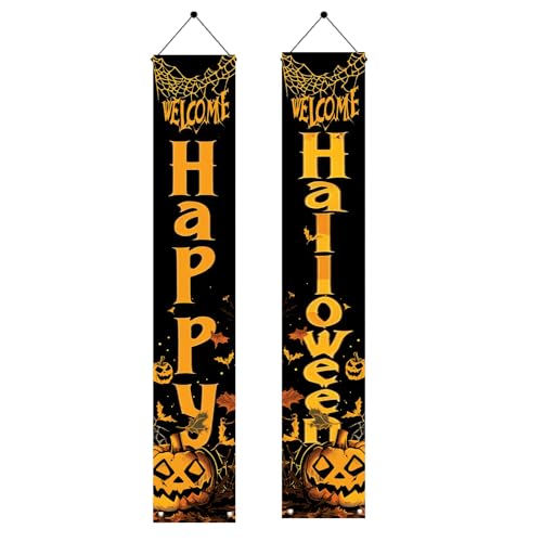 Saoplasa 2 x "Happy Halloween"-Veranda-Banner, vertikale Willkommens-Türschilder mit Kürbissen und Fledermäusern, Halloween-Party-Dekorationen für Haustür, Außenbereich, Hof, Eingang, gruselige von Saoplasa