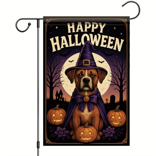 Saoplasa Halloween-Gartenflagge, Boxer-Hund, Hexenhut, Flagge, 30,5 x 45,7 cm, doppelseitig, für den Außenbereich, Spukhaus, gruselige Halloween-Dekoration von Saoplasa