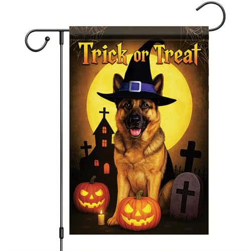 Saoplasa Halloween-Gartenflagge, Deutscher Schäferhund, Hexenhut, Süßes oder Saures, 30,5 x 45,7 cm, doppelseitig, für den Außenbereich, Hofbanner für Spukhaus, Halloween-Dekoration von Saoplasa
