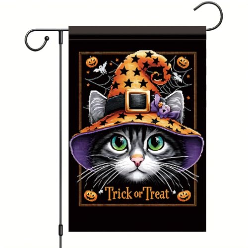 Saoplasa Halloween-Gartenflagge, Süßes oder Saures, schwarze Katze, Hexenhut, 30,5 x 45,7 cm, doppelseitiges Hofbanner mit Kürbissen und Fledermäusen für Herbst, Urlaub, Veranda, Terrasse, rustikale von Saoplasa