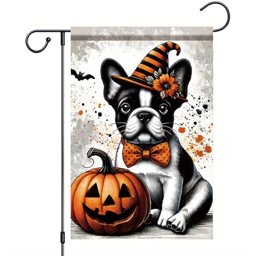 Saoplasa Halloween-Gartenflagge, französische Bulldogge, Hut, Kürbis, 30,5 x 45,7 cm, doppelseitig, für den Außenbereich, für Süßes oder Saures, niedliche Herbstdekoration von Saoplasa
