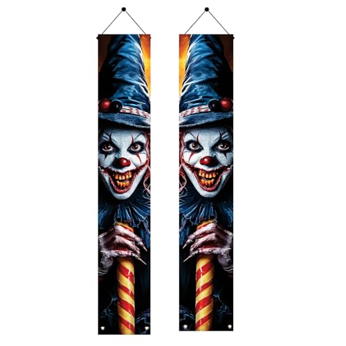 Saoplasa Halloween-Veranda-Banner, Dekorationen, gruselige Clown-Türschilder, 180 x 30 cm, gruselig, für drinnen und draußen, Halloween-Haustür-Dekoration, Spukhaus, Wand, Kamin, hängende Banner von Saoplasa