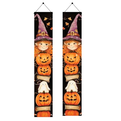 Saoplasa Halloween-Veranda-Banner, Hexe, Kürbis, Geist, Schilder, 180 x 30 cm, Halloween-Haustür, hängende Dekoration, Wand für Party, Zuhause, Eingangsbereich, Dekoration, 2 Stück von Saoplasa