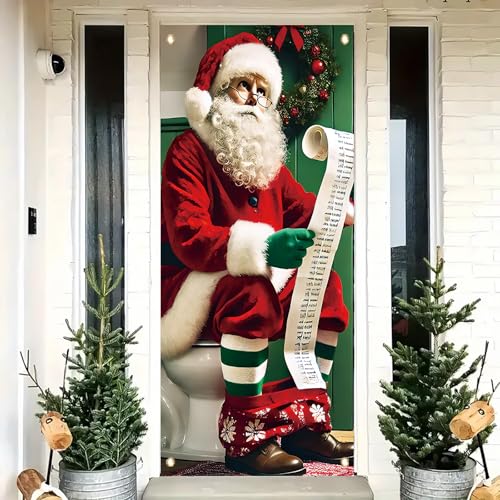 Saoplasa Lustiger Weihnachtsmann-Badezimmer-Tür-Abdeckung, Banner, 180 x 89 cm, Weihnachts-WC-Dekor mit frecher Liste, Schriftrolle, lustiger Urlaub, Wandbehang, Dekoration für Weihnachten, Party von Saoplasa