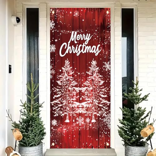 Saoplasa Türabdeckung mit Aufschrift "Merry Christmas", 88,9 x 180,9 cm, Winterurlaub, rotes Holz, Wandhintergrund, Schneeflocke, Baum, Türabdeckung, saisonale Veranda, hängendes Willkommensschild für von Saoplasa