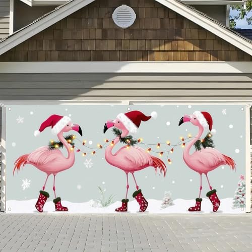 Saoplasa Weihnachten Garagentor Banner 1.8 x 4.0 m Große Frohe Weihnachten Garagentor Abdeckung Rosa Flamingos Weihnachtsmann Hüte Lichterkette Schneeflocken für Zuhause Urlaub Party Wanddekoration von Saoplasa