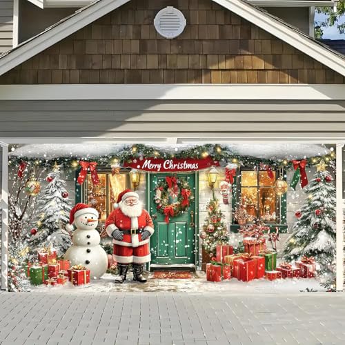 Saoplasa Weihnachten Garagentor Banner 1.8 x 4.0 m Große Frohe Weihnachten Garagentor Abdeckung Weihnachtsmann Schneemann Weihnachtsbaum Geschenke Winter Haus Szene für Zuhause Urlaub Party von Saoplasa