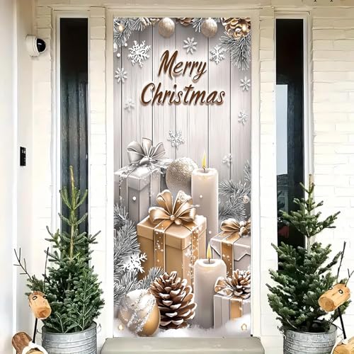 Saoplasa Weihnachtstürabdeckung, Weiß und Gold, Geschenk, Kerzenbanner, 180 x 89 cm, Tannenzapfen, Schneeflocke, Hintergrund, Urlaubsgeschenk, Wandbehang, Dekoration für Winterparty, Haustür, Eingang Saoplasa Weihnachtstürabdeckung, Weiß und Gold, Geschenk, Kerzenbanner, 180 x 89 cm, Tannenzapfen, Schneeflocke, Hintergrund, Urlaubsgeschenk, Wandbehang, Dekoration für Winterparty, Haustür, Eingang von Saoplasa