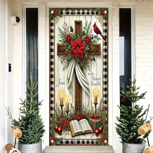 Saoplasa Weihnachtstürabdeckung, religiöses Kreuz, Banner, 180 x 89 cm, Jesus ist der Grund, Feiertagsschrift, Weihnachtsstern, Kardinalkerze, Bibelhintergrund, Dekoration für christliche Party Saoplasa Weihnachtstürabdeckung, religiöses Kreuz, Banner, 180 x 89 cm, Jesus ist der Grund, Feiertagsschrift, Weihnachtsstern, Kardinalkerze, Bibelhintergrund, Dekoration für christliche Party von Saoplasa