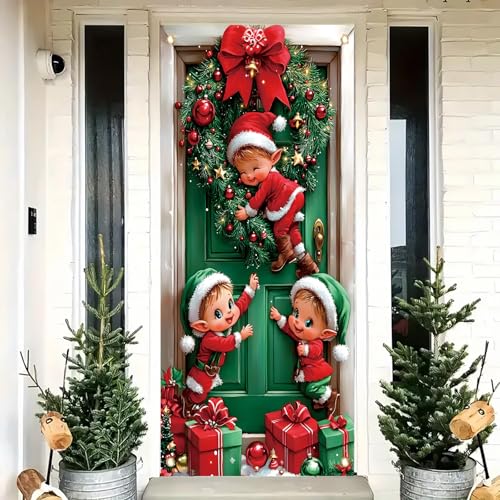 Saoplasa Weihnachtstürabdeckung Elf Kinder Banner 180 x 89 cm Grün Tür Hintergrund mit roter Schleife und Geschenkboxen Urlaub Dekoration für Xmas Party Wandbehang Haustür Winter Wonderland Foto von Saoplasa