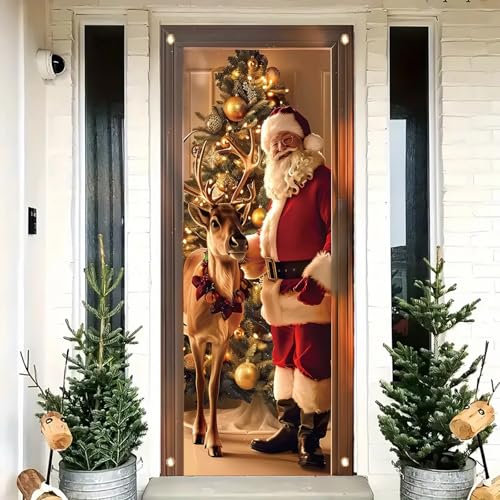 Saoplasa Weihnachtstürabdeckung Weihnachtsmann und Rentier Banner 180 x 89 cm Gold Ornament Baum Hintergrund Urlaub Dekoration für Haustür Winter Party Wandbehang Merry Xmas Eingang Foto Requisite von Saoplasa