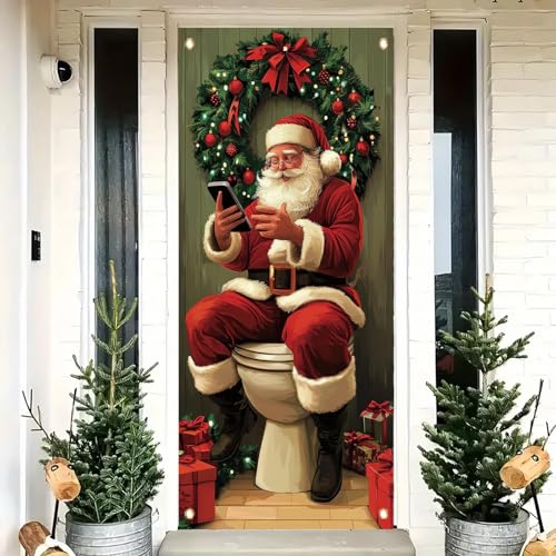 Saoplasa Witziger Weihnachtsmann-WC-Tür-Abdeckung, Banner, 180 x 89 cm, Weihnachts-Badezimmer-Dekor mit Weihnachtsmann auf Toilette, mit Telefon, Urlaub, Wandbehang, Hintergrund für Weihnachten, Party von Saoplasa