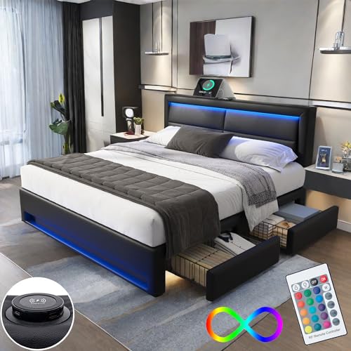 Bett 160x200 mit LED und USB(Unterstützt Kabelloses), Polsterbett 160x200cm mit 4 Schubladen und Kopfteil, Doppelbett mit Lattenrost, Stauraumbett Jugendbett Modernes Bettgestell aus PU -Schwarz von Sapgaks