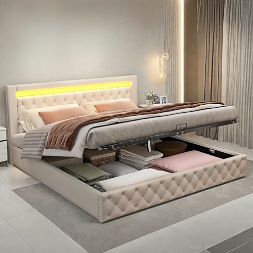 Bett 180x200 mit LED,Polsterbett 180x200cm mit Stauraum und Kopfteil,Doppelbett mit Lattenrost,Funktionsbett mit Stauraum,mit LED-Beleuchtung,weiß,PU von Sapgaks