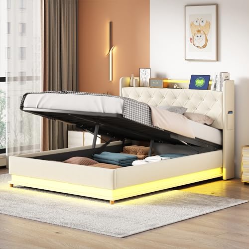 Bett mit Bettkasten, 140 x 200 cm, mit LED und USB-Ladeanschluss und hydraulischer Halterung, gepolstertes Bettgestell, Stoff, Doppelbett mit Stauraum, gepolstert, für Erwachsene, Leinen, Beige von Sapgaks