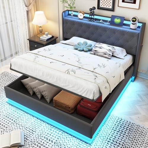 Bett mit Bettkasten, 140 x 200 cm, mit LED und USB-Ladeanschluss und hydraulischer Halterung, gepolstertes Bettgestell, Stoff, Doppelbett mit Stauraum, gepolstert, für Erwachsene, aus Leinen, grau Bett mit Bettkasten, 140 x 200 cm, mit LED und USB-Ladeanschluss und hydraulischer Halterung, gepolstertes Bettgestell, Stoff, Doppelbett mit Stauraum, gepolstert, für Erwachsene, aus Leinen, grau von Sapgaks
