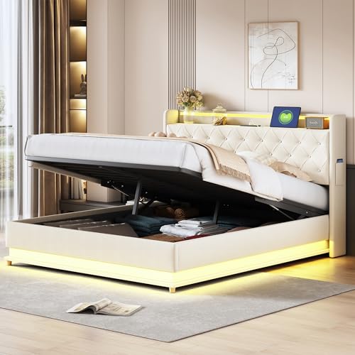 Bett mit Bettkasten, 160 x 200 cm mit LED und USB-Ladeanschluss und hydraulischer Halterung, gepolstertes Bettgestell, Stoff, Doppelbett mit Stauraum, gepolstert, für Erwachsene, Leinen, Beige Bett mit Bettkasten, 160 x 200 cm mit LED und USB-Ladeanschluss und hydraulischer Halterung, gepolstertes Bettgestell, Stoff, Doppelbett mit Stauraum, gepolstert, für Erwachsene, Leinen, Beige von Sapgaks