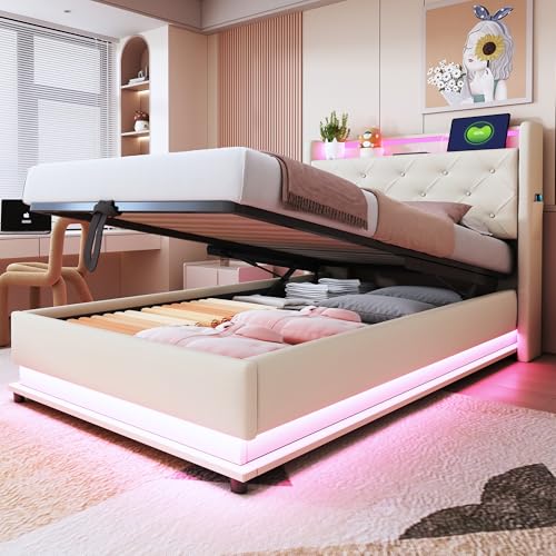 Bett mit Bettkasten, 90 x 200 cm, mit LED und USB-Ladeanschluss und hydraulischer Halterung, gepolstertes Bettgestell, Stoff, für Einzelbett, LED, mit Aufbewahrung, gepolstert, für Erwachsene, Leinen Bett mit Bettkasten, 90 x 200 cm, mit LED und USB-Ladeanschluss und hydraulischer Halterung, gepolstertes Bettgestell, Stoff, für Einzelbett, LED, mit Aufbewahrung, gepolstert, für Erwachsene, Leinen von Sapgaks