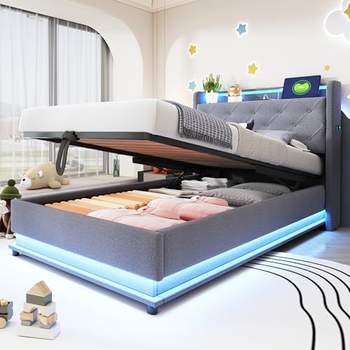 Bett mit Bettkasten, 90 x 200 cm, mit LED und USB-Ladeanschluss und hydraulischer Halterung, gepolstertes Bettgestell, Stoff, für Einzelbett, LED, mit Aufbewahrung, gepolstert, für Erwachsene, aus Bett mit Bettkasten, 90 x 200 cm, mit LED und USB-Ladeanschluss und hydraulischer Halterung, gepolstertes Bettgestell, Stoff, für Einzelbett, LED, mit Aufbewahrung, gepolstert, für Erwachsene, aus von Sapgaks