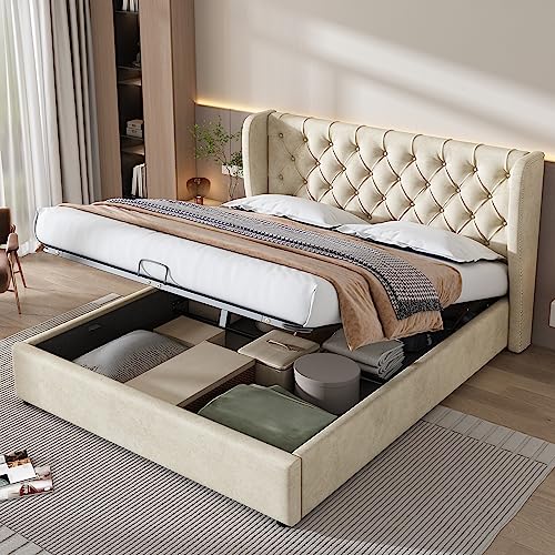 Polsterbett Ohrenform 180x200, Samt Doppelbett 180x200, Hydraulisches Funktionsbett mit Lattenrost, Weiches Kopfteil Und Stauraum, Schmutzabweisender Samtbettkasten, Beige (ohne Matratze) von Sapgaks