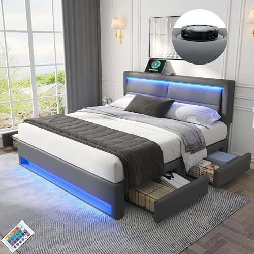 Sapgaks Bett 140 x 200 mit lattenrost,Polsterbett mit stauraum,mit USB Anschluss(unterstützt kabelloses und kabelgebundenes Laden) mit LED und Vier Schubladen,ohne Matratze,PU-Litschi-Design,grau von Sapgaks