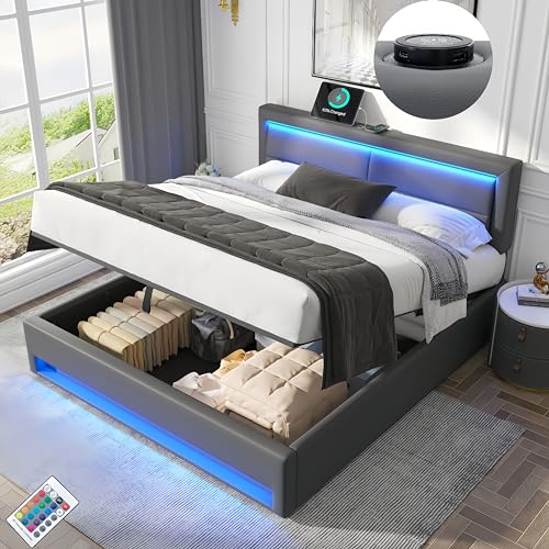 Sapgaks Bett 160 x 200 mit lattenrost,Polsterbett mit stauraum,mit USB Anschluss (unterstützt kabelloses und kabelgebundenes Laden) mit LED-Beleuchtung und Stauraum,ohne Matratze,Doppelbett,Grau von Sapgaks