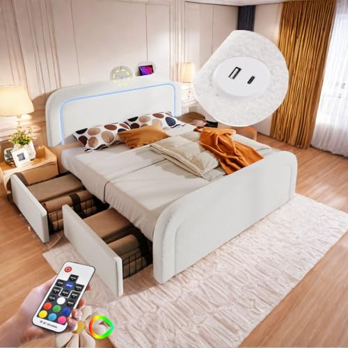 Sapgaks Bett 160x200 mit USB Typ C Ladefunktion LED Beleuchtung und 2 Schubladen,Doppelbett 160x200 mit Lattenrost aus Holz, Polsterbett mit Verstellbares Kopfteil, Sherp Weiß (ohne Matratze) von Sapgaks