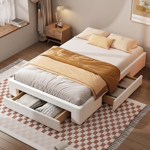 Sapgaks Bett 160x200cm,Bett mit stauraum, Flachbett, DREI Ablagefächer, ohne Kopfteil, Farbe beige von Sapgaks