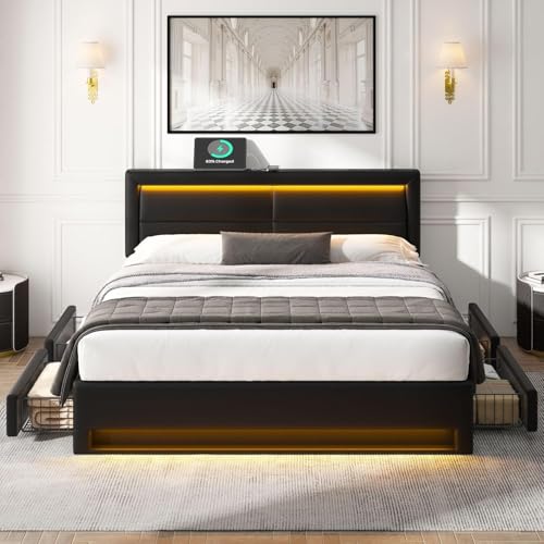 Sapgaks Bett mit Bettkasten 140 x 190 cm mit Lattenrost und LED mit USB-Anschluss, gepolstertes Bett mit Stauraum, Bettgestell 140 x 190 cm mit Schubladen, ohne Matratze von Sapgaks