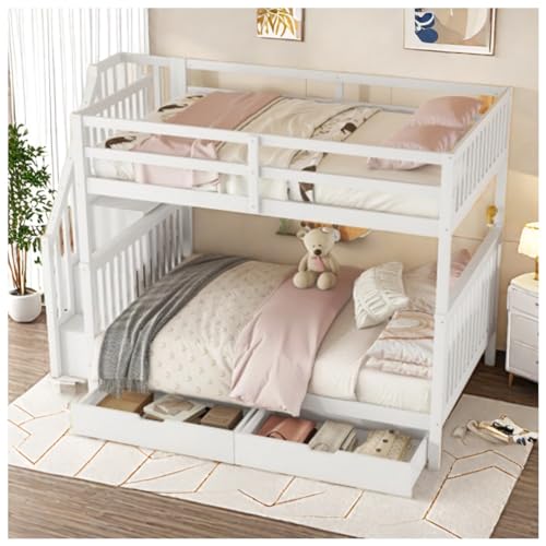 Sapgaks Doppelbett, 140 × 200 cm, mit Treppe und zwei Schubladen, hohes Geländer, Weiß von Sapgaks