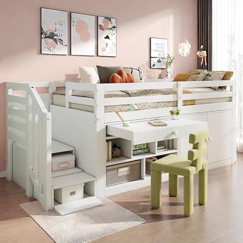 Sapgaks Etagenbett für Kinder, 90 x 200 Schubladen, Kinderbett mit Stauraum, Hochbett, 2 Sitzplätze, Treppe, Kinderbett mit Barriere, Hochbett, Treppe, Etagenbett mit Schreibtisch, Weiß von Sapgaks