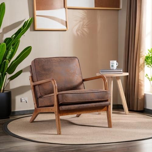 Sapgaks Freizeitstuhl im modernen Stil, PU-Material, Sessel mit Holzstruktur, geeignet für Wohnzimmer und Schlafzimmer, Braun (Einzelpaket) von Sapgaks