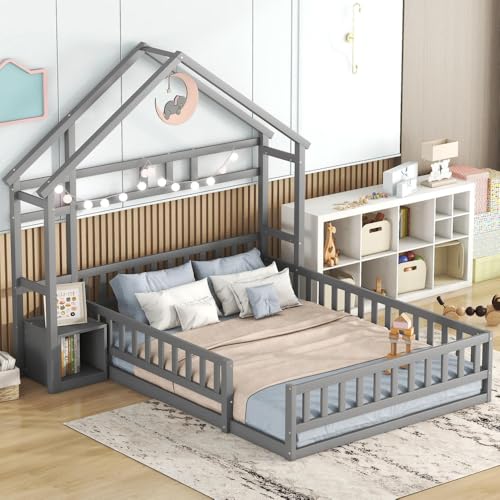 Sapgaks Hüttenbett für Kinder, 140 x 190 cm, Kinderbett mit Barriere, Bodenbett für Kinder mit Barrieren, mit Nachttischen, ohne Matratze, grau von Sapgaks