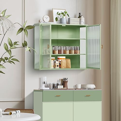 Sapgaks Moderner Wandschrank, 2 Türen, 70 cm, Glastür-Design mit dreistufigen Ablagen, geeignet für Wohnzimmer, Badezimmer, Esszimmer (grün) von Sapgaks