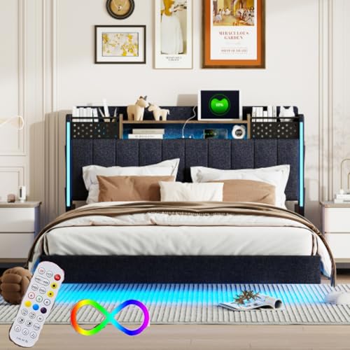 Sapgaks Polsterbett, 140 x 200 cm, Kopfteil mit Stauraum und USB-Stecker, Bett mit LED-Beleuchtung, Leinenstoff, Grau (Matratze nicht im Lieferumfang enthalten) von Sapgaks