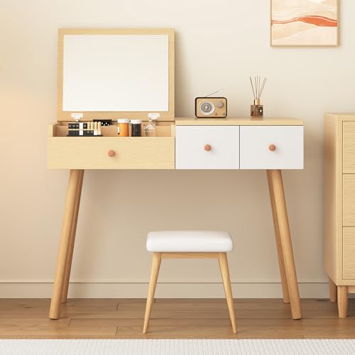 Schminktisch mit Spiegel, Holz Schminktisch mit 3 Schubladen, Geteilter Stauraum, Massivholzgriff, Kosmetiktisch mit verstellbaren Ablage, Frisiertisch mit Spiegel für Make, Natur+Weiß (ohne Hocker) Schminktisch mit Spiegel, Holz Schminktisch mit 3 Schubladen, Geteilter Stauraum, Massivholzgriff, Kosmetiktisch mit verstellbaren Ablage, Frisiertisch mit Spiegel für Make, Natur+Weiß (ohne Hocker) von Sapgaks