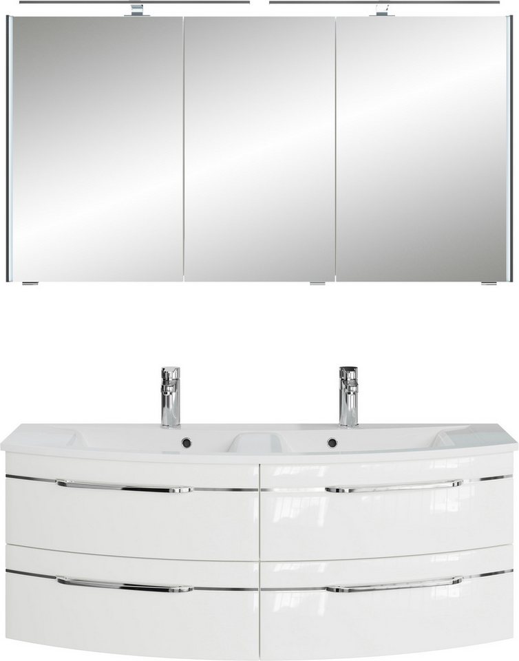 Saphir Badmöbel-Set Badezimmer-Set 133,2 cm breit, inkl. Türdämpfer, 3 Türen, 4 Schubladen, (Set, 2-St), Serie 7045 2-teilig Mineralmarmor-Doppelwaschtisch, LED-Spiegelschrank von Saphir