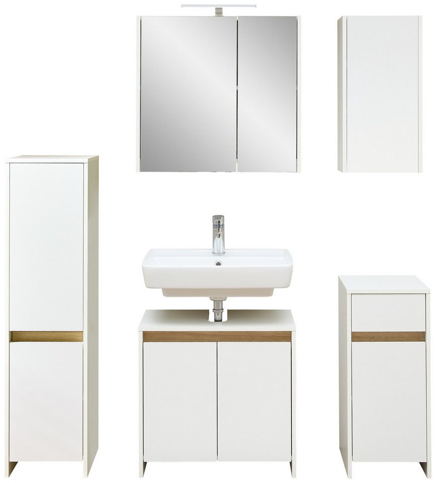 Saphir Badmöbel-Set Quickset 100, Waschbeckenunterschrank mit Spiegelschrank, (5-St), Badezimmer-Set mit Unterschrank, Hängeschrank und Midischrank in Weiß von Saphir