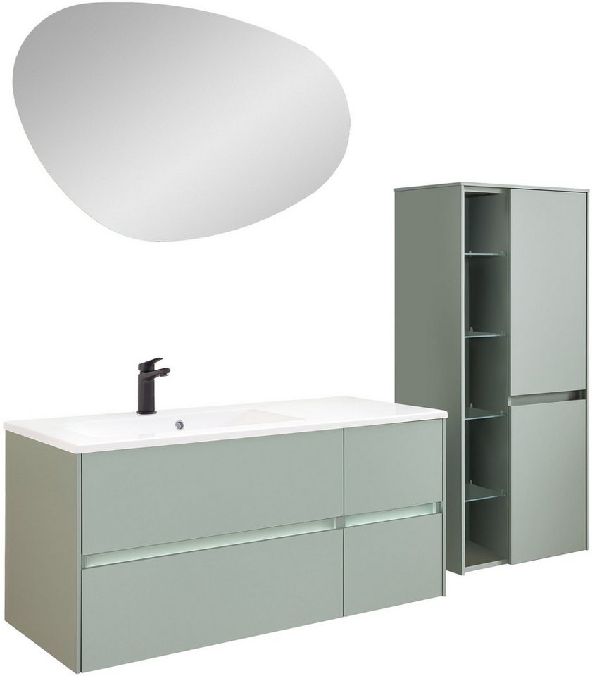 Saphir Badmöbel-Set Badmöbel-Set Serie 6010 Solid-Surface-Waschtisch mit Unterschrank, (4-St), Badmöbel-Set mit Waschtisch, Spiegel und Midischrank, vormontiert von Saphir