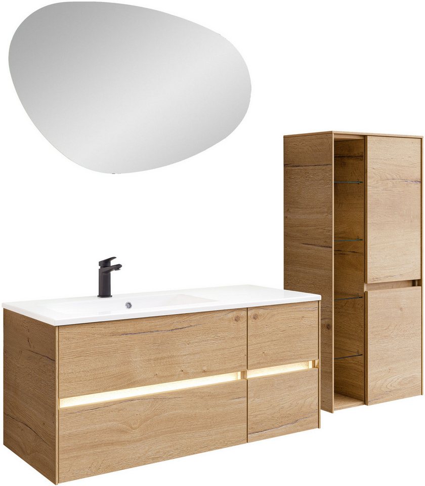 Saphir Badmöbel-Set Badmöbel-Set Serie 6010 Solid-Surface-Waschtisch mit Unterschrank, (4-St), Badmöbel-Set mit Waschtisch, Spiegel und Midischrank, vormontiert von Saphir