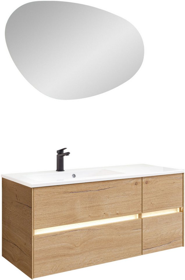 Saphir Badmöbel-Set Badmöbel-Set Serie 6010 Waschtisch mit Unterschrank und Spiegel, (3-St), Badmöbel-Set mit Solid Surface-Waschtisch und LED-Spiegel, vormontiert von Saphir
