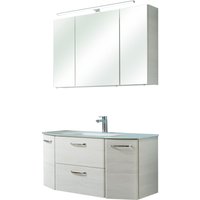 Saphir Badmöbel-Set "Quickset 2-teilig, Glas-Waschtisch mit LED-Spiegelschrank, 5 Türen", (Set, 2 St.), Unterschrank mit Waschbecken, inkl. Türdämpfer, Griffe Chrom Glanz von Saphir