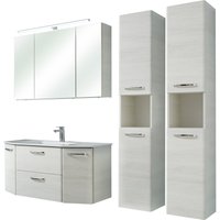 Saphir Badmöbel-Set "Quickset 936 4-teilig, Glaswaschtisch und LED-Spiegelschrank", (Set, 4 St.), 2 Hochschränke, Eiche Weiß quer Nachbildung, inkl. Türdämpfer, 9 Türen von Saphir