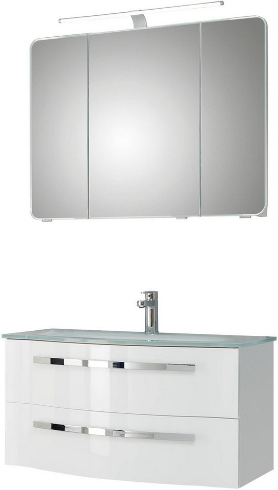 Saphir Badmöbel-Set Serie 4005, vormontiert, Glaswaschbecken, Spiegelschrank, (Set, 3-St), Badezimmer-Set mit Unterschrank, Hängeschrank, inkl. Türdämpfer von Saphir
