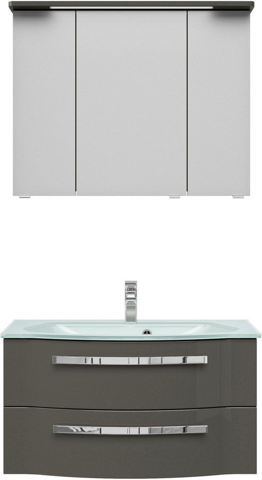 Saphir Badmöbel-Set Serie 4005, vormontiert, Glaswaschbecken, Spiegelschrank, (Set, 3-St), Badezimmer-Set mit Unterschrank, Midischrank, inkl. Türdämpfer von Saphir