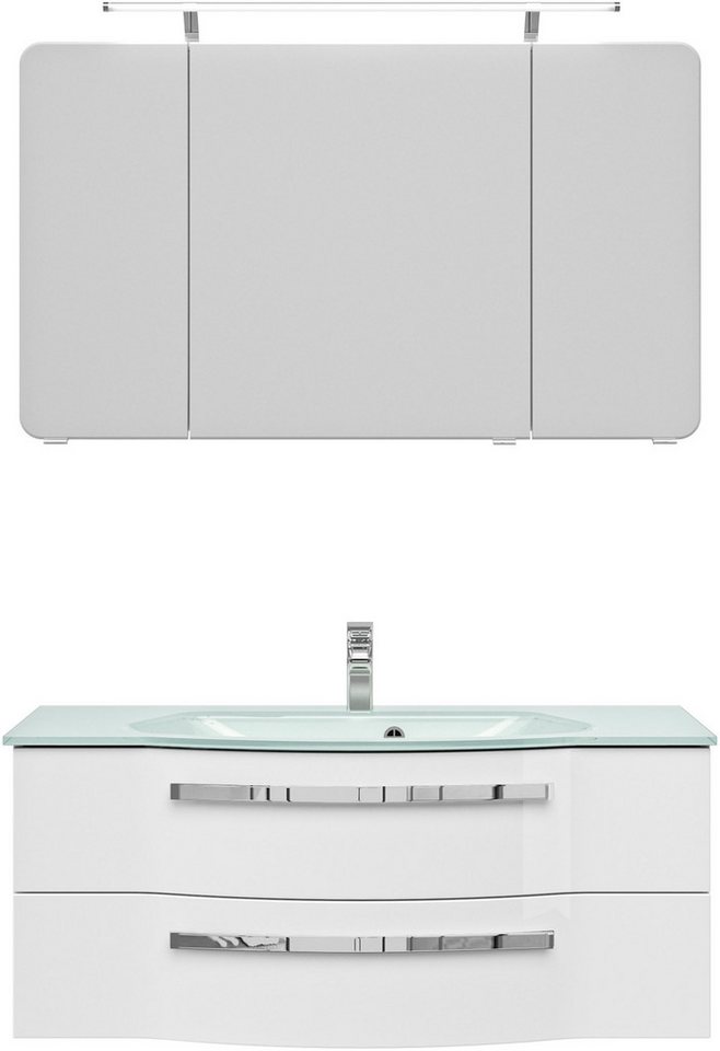 Saphir Badmöbel-Set Serie 4005, vormontiert, Glaswaschbecken, Spiegelschrank, (Set, 3-St), Badezimmer Set 117 cm breit, inkl. Türdämpfer, 3 Türen, 2 Schubladen von Saphir