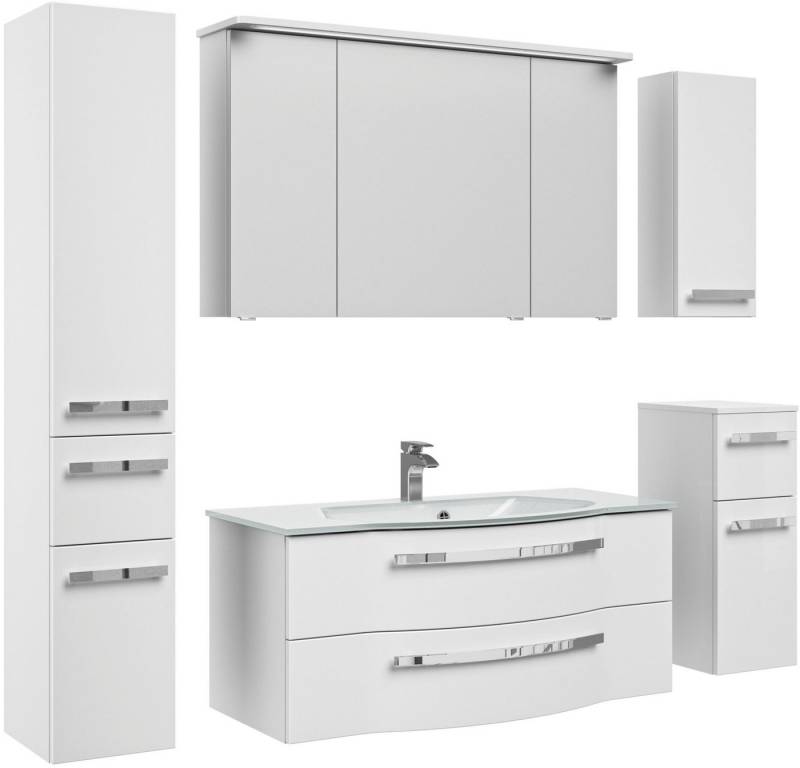 Saphir Badmöbel-Set Serie 4005, vormontiert, Glaswaschbecken, Spiegelschrank, (Set, 6-St), Badezimmer-Set mit Unterschrank, Hängeschrank, Hochschrank, Türdämpfer von Saphir